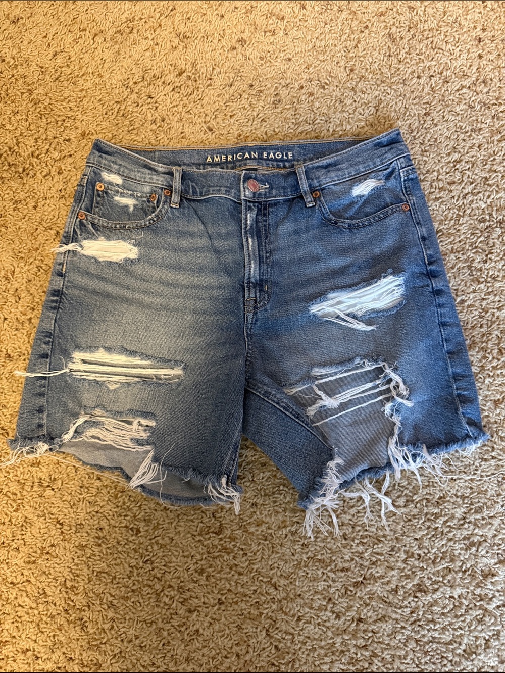 American Eagle Outfitters Ripped High-Rise Denim Shorts in Blue Wash